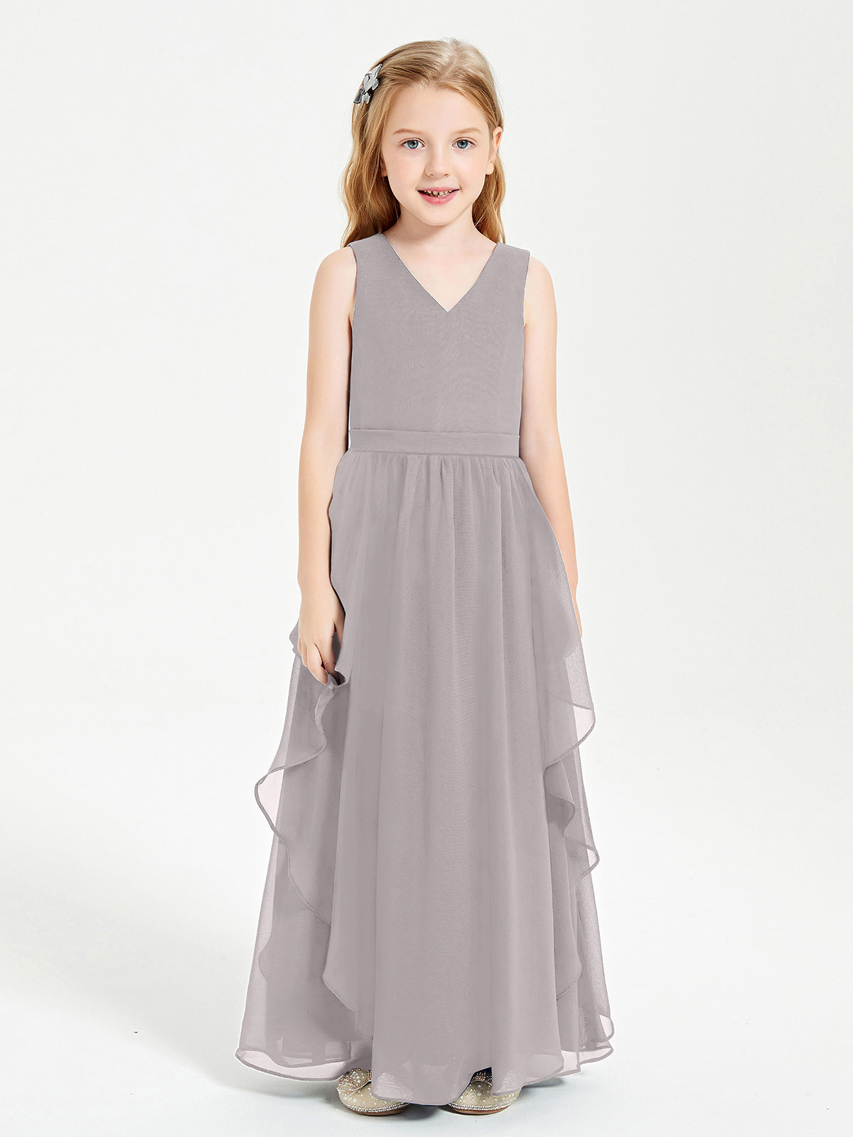 Boho Sleeveless Junior Chiffon Bridesmaids Gown Silver
